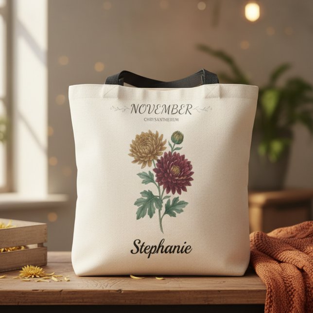 November Födelsedagspresent Födelsblomma Botanisk Tygkasse (November birth month flower chrysanthemum birthday tote)