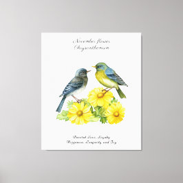 November Födelsemånad Flower Chrysanthemum Birds Canvastryck