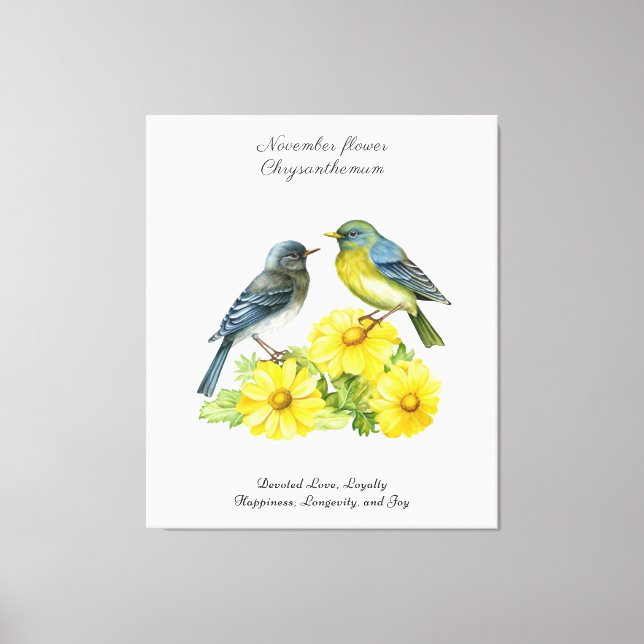 November Födelsemånad Flower Chrysanthemum Birds Canvastryck (Framsida)