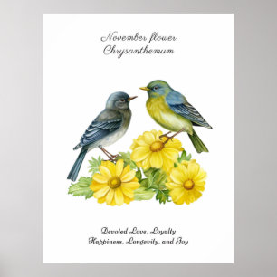 November Födelsemånad Flower Chrysanthemum Birds Poster