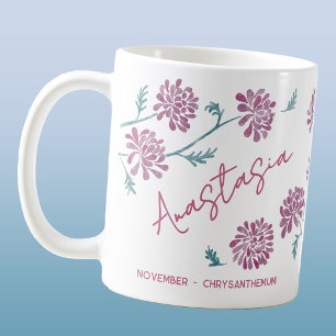 November Födelsemblomma Anpassat Namn Krysantemum Kaffemugg