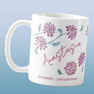 November Födelsemblomma Anpassat Namn Krysantemum Kaffemugg