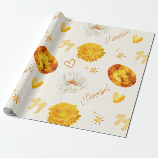 November födelsesten & blomma | Akvarell Presentpapper (Utrullad)