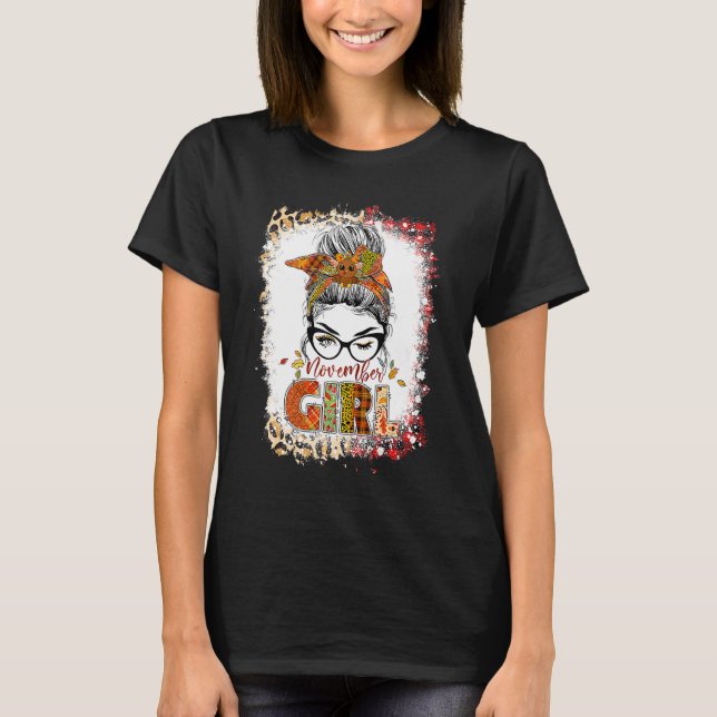 November Girl Leopard Messy Bun Hair Turkey Thanks T Shirt (Framsida)