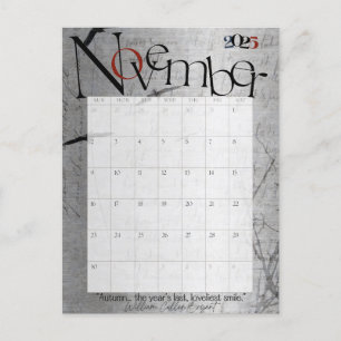 November Grått Modern månadskalender 2025 Vykort
