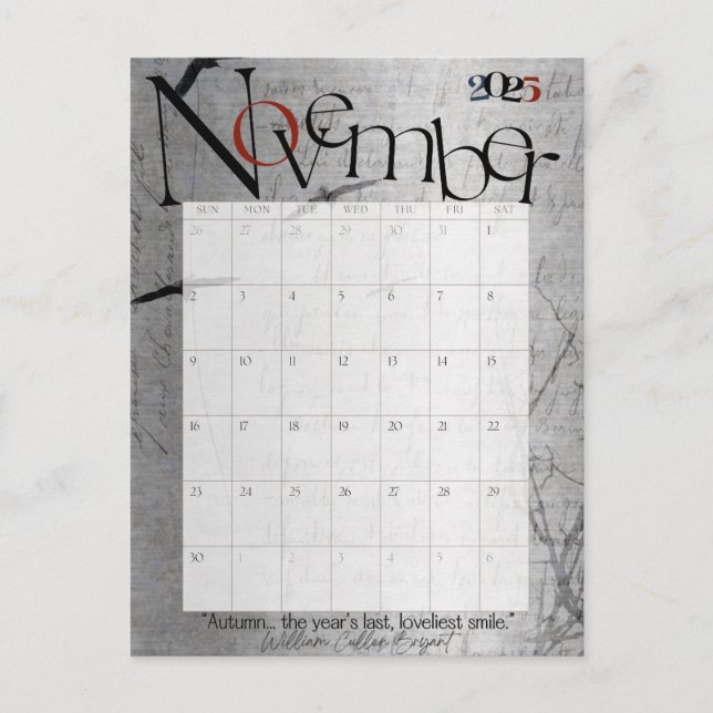 November Grått Modern månadskalender 2025 Vykort (Framsida)