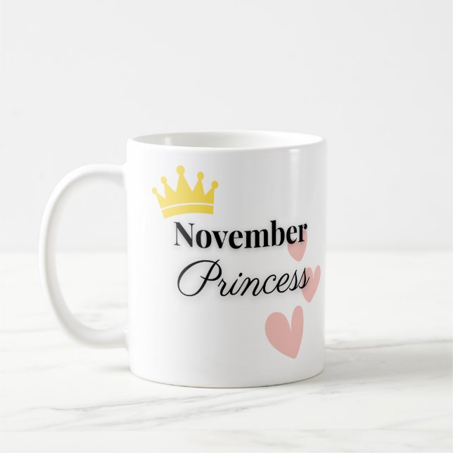 November Princess Mug – Gold Crown & Hearts Design Kaffemugg (Vänster)