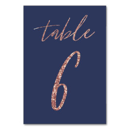 Nr 6 - Glam Glitter Roséguld och Blå Bröllop Bordsnummer