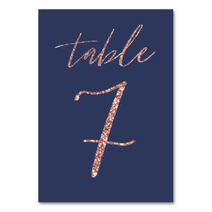 Nr. 7 - Glam Glitter Roséguld och Blå Bröllop Bordsnummer