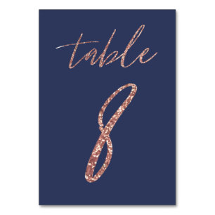 Nr 8 - Glam Glitter Roséguld och Blå Bröllop Bordsnummer