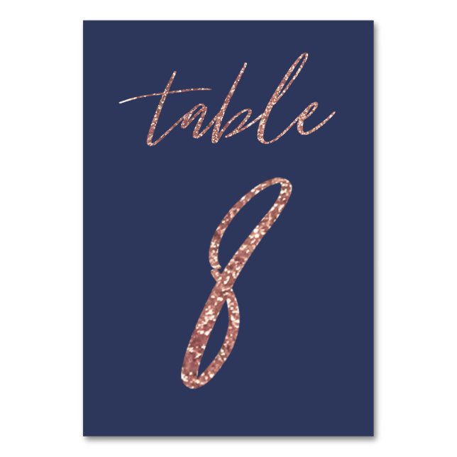 Nr 8 - Glam Glitter Roséguld och Blå Bröllop Bordsnummer (Framsidan)