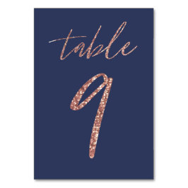 Nr 9 - Glam Glitter Roséguld och Blå Bröllop Bordsnummer