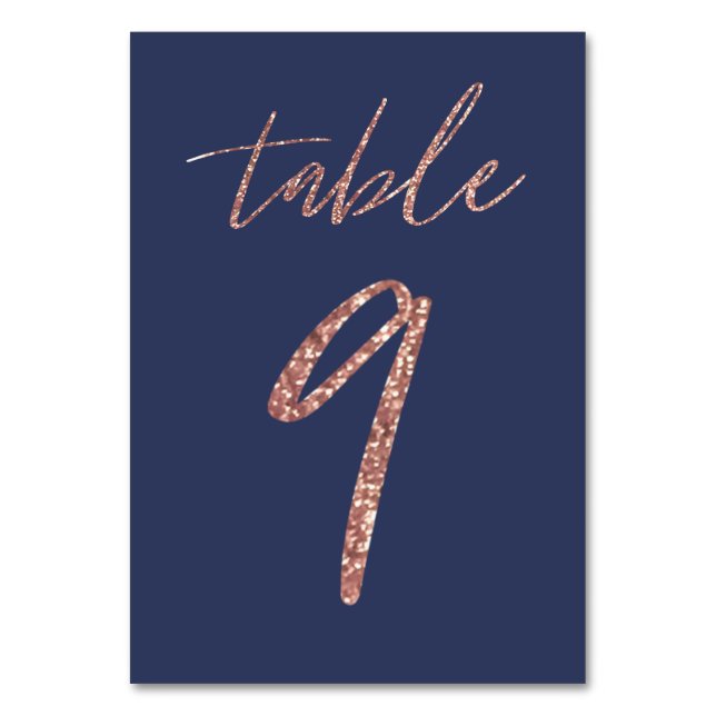 Nr 9 - Glam Glitter Roséguld och Blå Bröllop Bordsnummer (Framsidan)