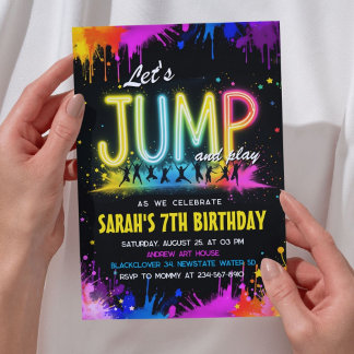 Nu är det Jump Party-Neon Stänk-födelsedagen Inbjudningar