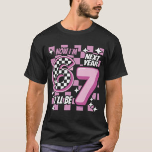 Nu är jag 6 Nästa år blir jag 7" Rosa rutig Meme T Shirt