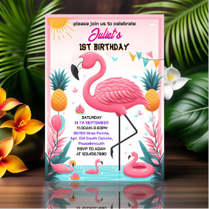 Nu är Luau Fly Rosa Flamingo Bassäng Party 1:a föd Inbjudningar