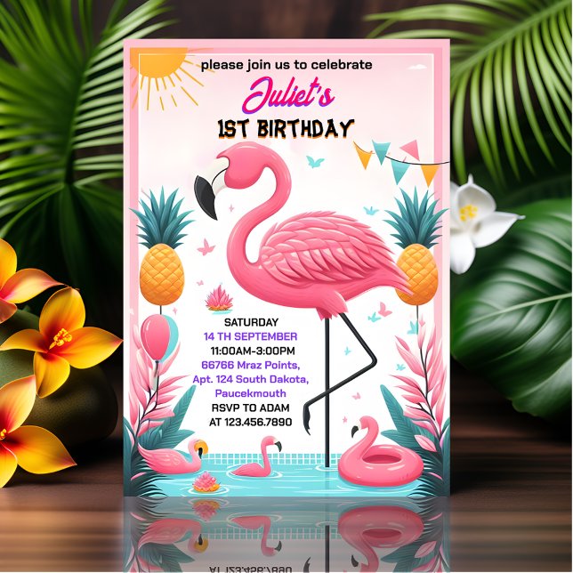 Nu är Luau Fly Rosa Flamingo Bassäng Party 1:a föd Inbjudningar (Skapare uppladdad)