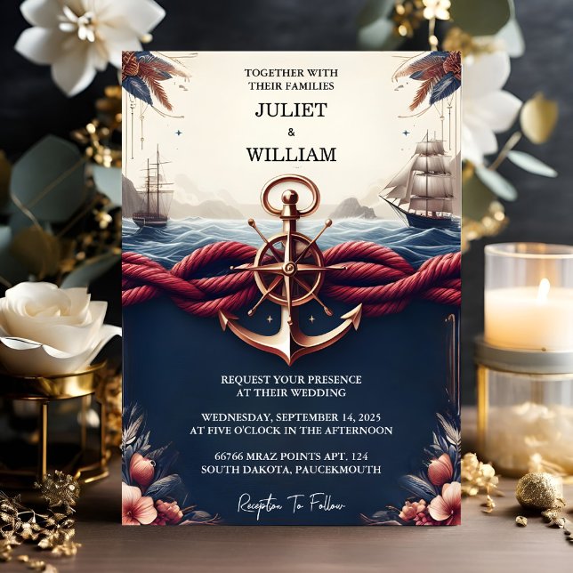 Nu är Rope Knot Boat Frakt Navy Blue Nautical Bröl Inbjudningar (Skapare uppladdad)
