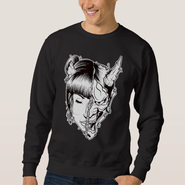 Nu Goth Geisha Hannya Mask Demon Shapeshifter Lång Ärmad Tröja (Framsida)