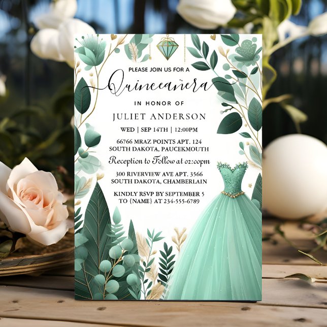 Nu Träd Guld Mint Glam Emerald Grönt Quinceanera Inbjudningar (Skapare uppladdad)