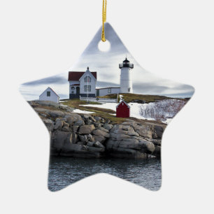 "Nubble" Cape Nedcock fyr York, Maine Julgransprydnad Keramik