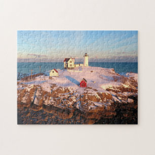 Nubble Light Aerial Snowy Maine Lighthouse Pussel
