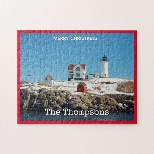 Nubble Red Atlantic Ocean Maine Lighthouse Pussel (Horisontell)