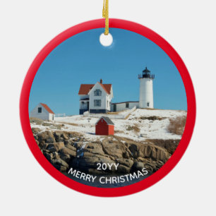 Nubble Red Year Atlantic Ocean Maine fyr Julgransprydnad Keramik