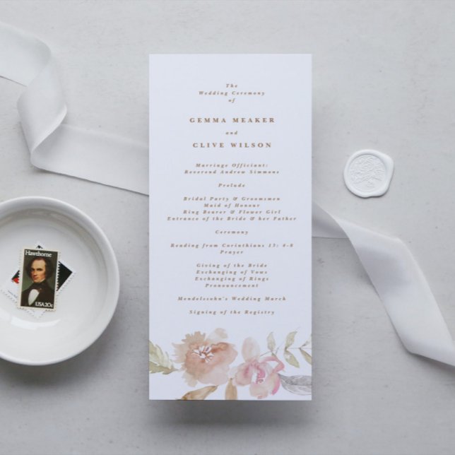 Nude Romantic Watercolor Blommigt Bröllop Ceremony Program (Skapare uppladdad)