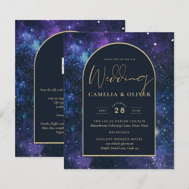 NUDGET Starry Night Lila Blue Wedding INVITE (Fram/baksida)