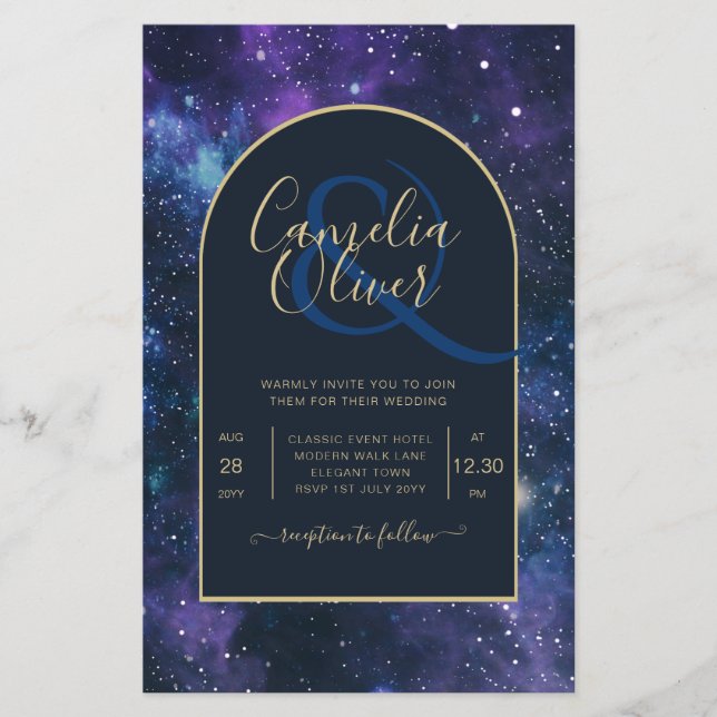 NUDGET Starry Night Lila Blue Wedding INVITE Flygblad (Framsidan)