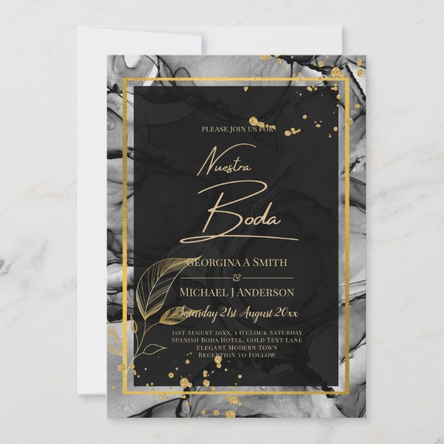 NUESTRA BODA Black Guld Bläck Wedding INVITE Inbjudningar (Framsida)