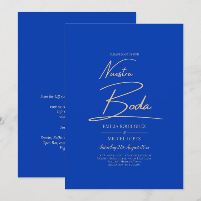 NUESTRA BODA Blue Monochrome Bröllop NVITE Inbjudningar (Fram/baksida)