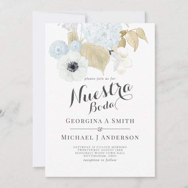 Nuestra Boda Blue White Blommigt Spanska Bröllop Inbjudningar (Framsida)