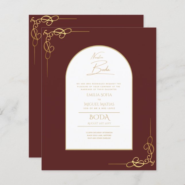 Nuestra Boda Budget Guld Accent Bilingual Inbjudan (Fram/baksida)