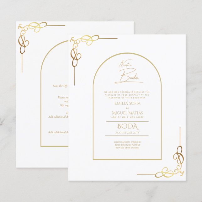 Nuestra Boda Budget Guld Accent Bilingual Inbjudan (Fram/baksida)