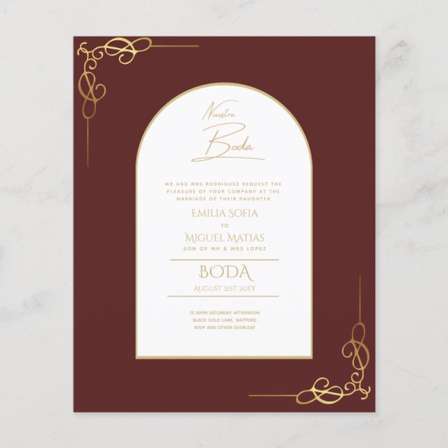 Nuestra Boda Budget Guld Accent Bilingual Inbjudan Flygblad (Framsidan)