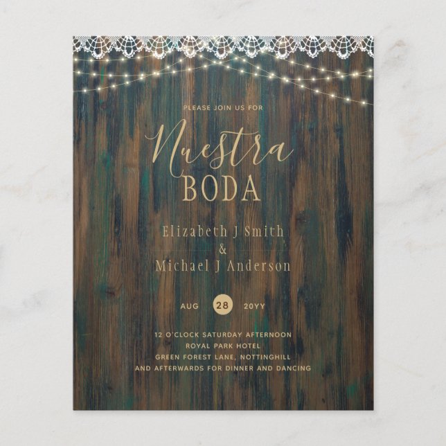 NUESTRA BODA BUDGET RUSTIC LJUS SNÖRE INBJUDAN FLYGBLAD (Framsidan)
