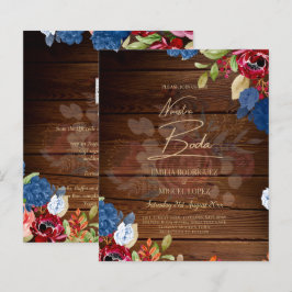 NUESTRA BODA Burgundy Blue Blommigt bröllopsinbjud