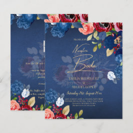 NUESTRA BODA Burgundy Blue Blommigt bröllopsinbjud
