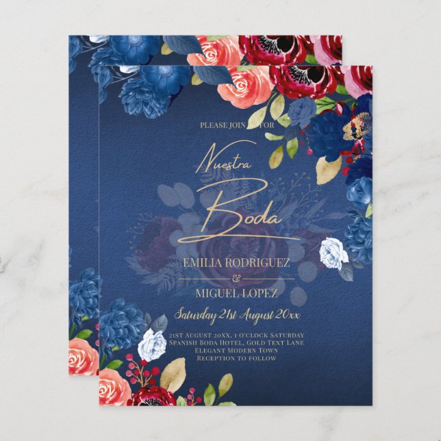 NUESTRA BODA Burgundy Blue Blommigt bröllopsinbjud (Fram/baksida)