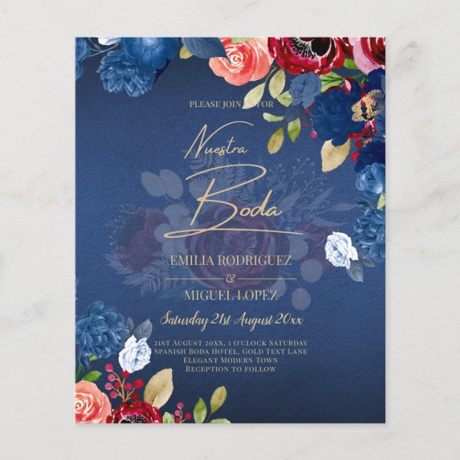 NUESTRA BODA Burgundy Blue Blommigt bröllopsinbjud Flygblad (Framsidan)