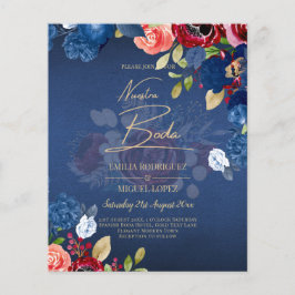NUESTRA BODA Burgundy Blue Blommigt bröllopsinbjud Flygblad