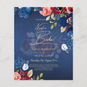 NUESTRA BODA Burgundy Blue Blommigt bröllopsinbjud Flygblad