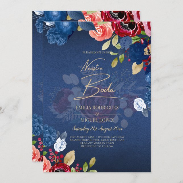 NUESTRA BODA Burgundy Blue Blommigt bröllopsinbjud Inbjudningar (Fram/baksida)