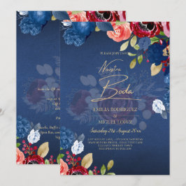 NUESTRA BODA Burgundy Blue Blommigt bröllopsinbjud Inbjudningar