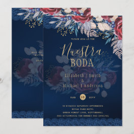 Nuestra Boda Burgundy Blue Blommigt Snöre INBJUDAN