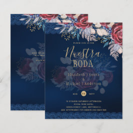 Nuestra Boda Burgundy Blue Blommigt Snöre INBJUDAN