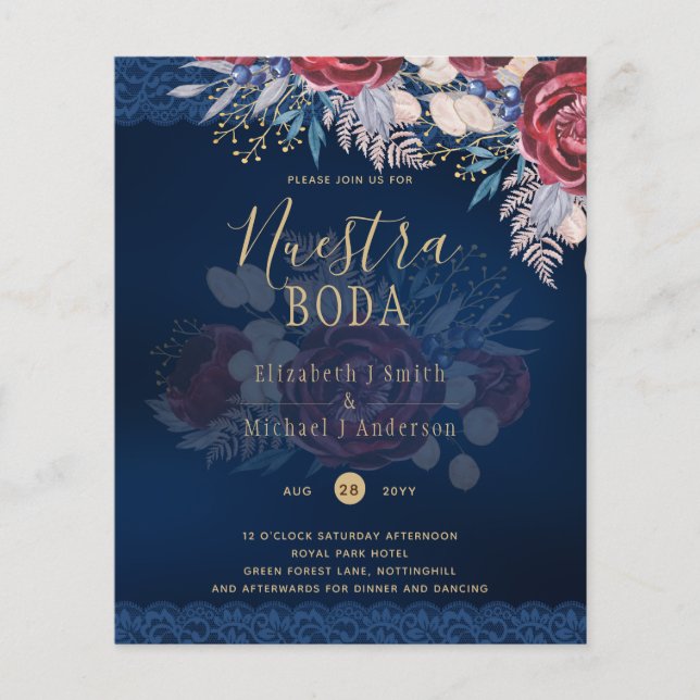 Nuestra Boda Burgundy Blue Blommigt Snöre INBJUDAN Flygblad (Framsidan)