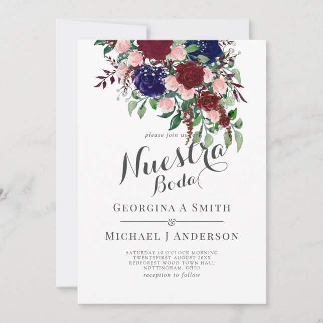Nuestra Boda - Burgundy Blue Spain Wedding Investi Inbjudningar (Framsida)